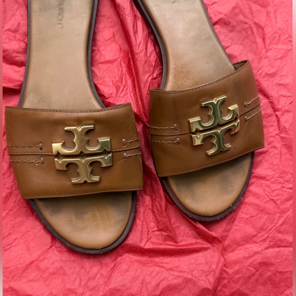 Tory Burch Tan Slide Sandals with Gold Logo